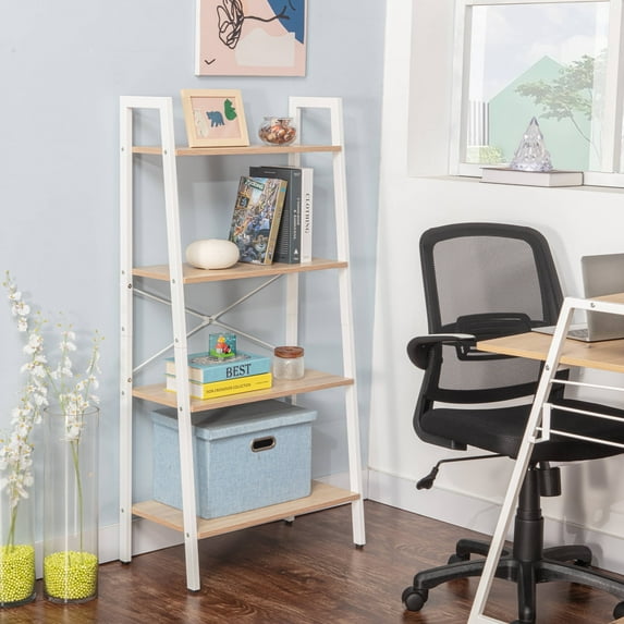JJS Industrial 4-Tier Bookshelf, Freestanding Rustic Display Bookcase Storage Rack Shelf Plant Stand for Living Room Home Office, Oak/White