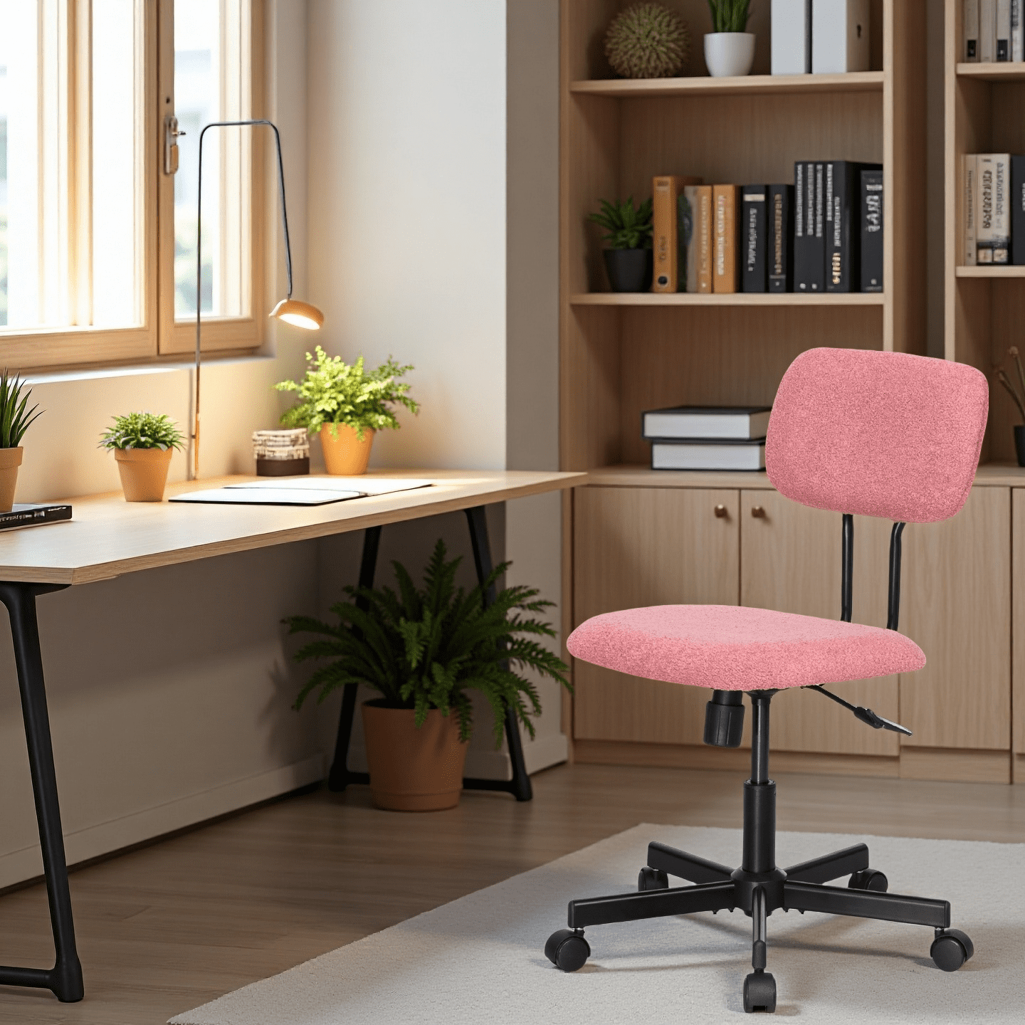 JJS Low Back Velvet Fabric Armless Home Office Computer Chair in Pink