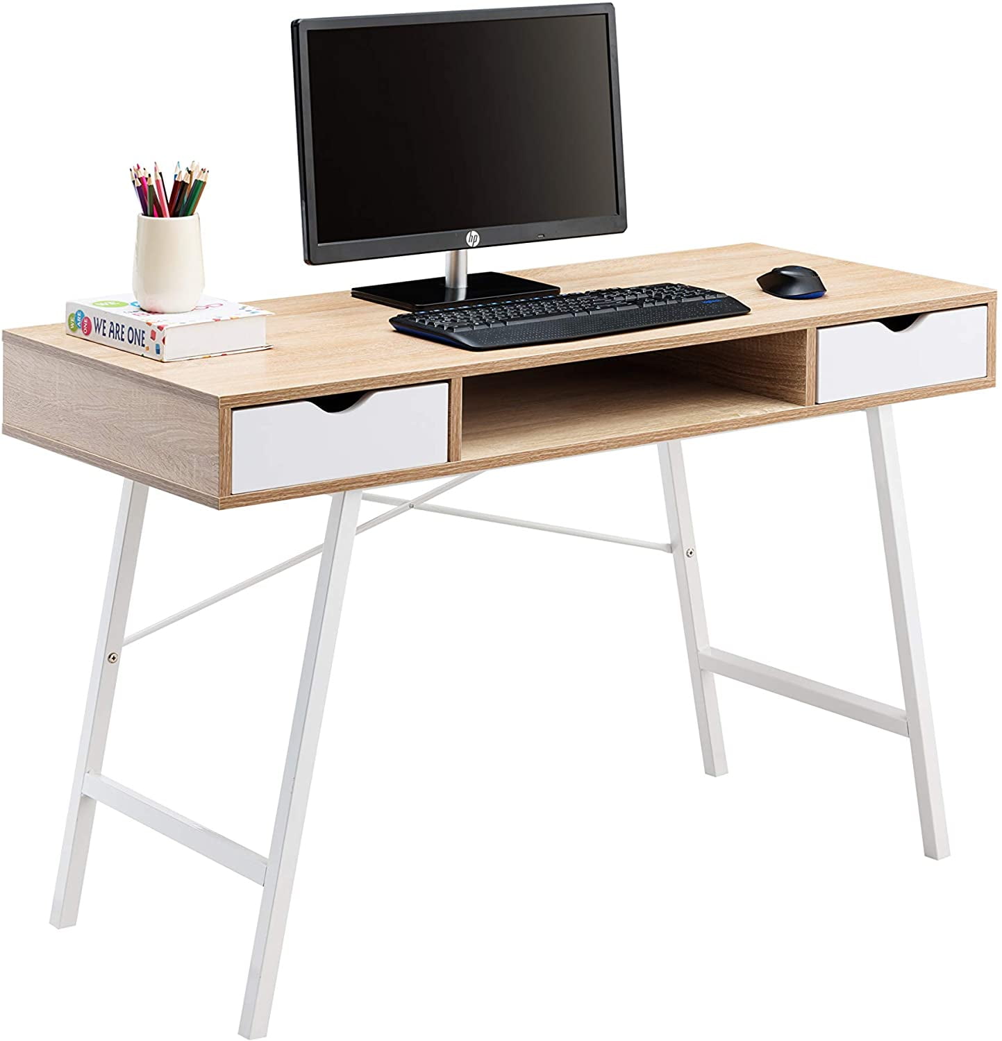 Elegant White Engineered Wood Desk with Drawer 47.2" Wide
