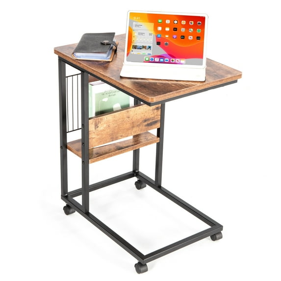 JJS Side End C Table with Magazine Holder for Sofa Couch Table Snack Table Rustic Brown