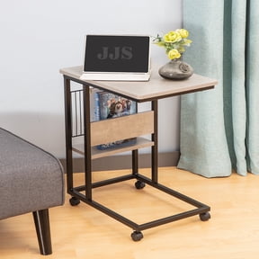 JJS Side End C Table with Magazine Holder for Sofa, Living Room Couch Table Snack Table That Slide Under for Small Spaces, Cement/Black