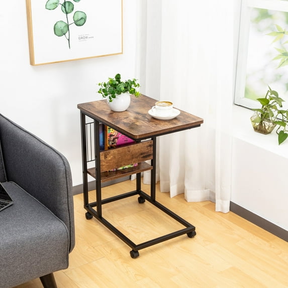 JJS Side End C Table with Magazine Holder for Sofa, Living Room Couch Table Snack Table That Slide Under for Small Spaces, Rustic Brown