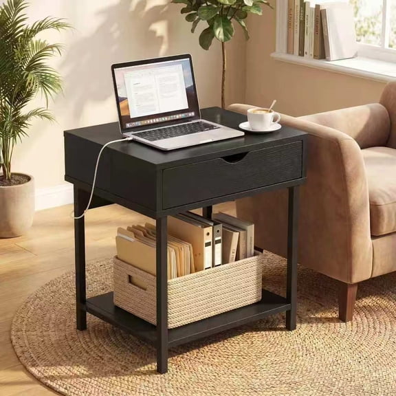 JJS Side End Table, Nightstand, Bedside Table with Drawer and Storage Shelves, Sofa Table for Living Room, Bedroom, Accent Furniture, Easy Assembly, Black