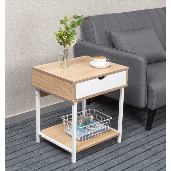 JJS Side End Table, Nightstand, Bedside Table with Drawer and Storage Shelves, Sofa Table for Living Room, Bedroom, Accent Furniture, Easy Assembly, Oak/White