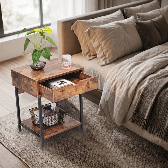 JJS Side End Table, Nightstand, Bedside Table with Drawer and Storage Shelves, Sofa Table for Living Room, Bedroom, Accent Furniture, Easy Assembly, Rustic Brown