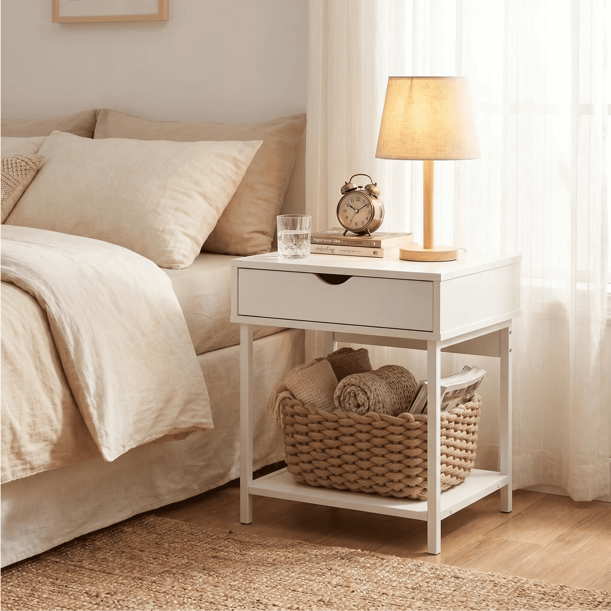 JJS Side End Table, Nightstand, Bedside Table with Drawer and Storage Shelves, Sofa Table for Living Room, Bedroom, Accent Furniture, Easy Assembly, White