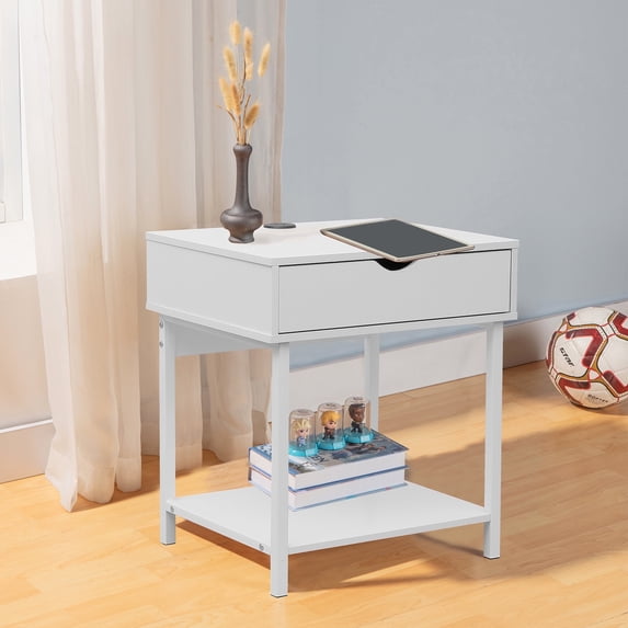 JJS Side End Table, Nightstand, Bedside Table with Drawer and Storage Shelves, Sofa Table for Living Room, Bedroom, Accent Furniture, Easy Assembly, White