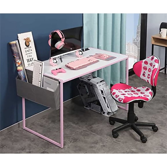 JJS Small Computer Desk Simple Style Writing Desk for Small Spaces 48 Inch Home Office Modern Student Study Laptop Writing Table with Storage Bag USB Hub, White/Pink