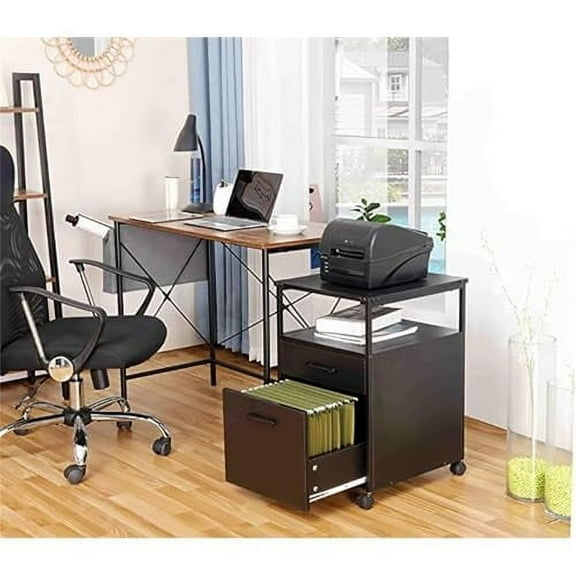JJS Wood File Cabinet, Mobile Open Shelf Home Office Filing Cabinet Printer Stand for Letter Size Hanging Files,Black