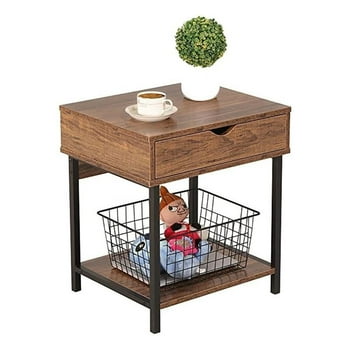JJS Wood Side End Table with Drawer and Storage Shelves in Brown