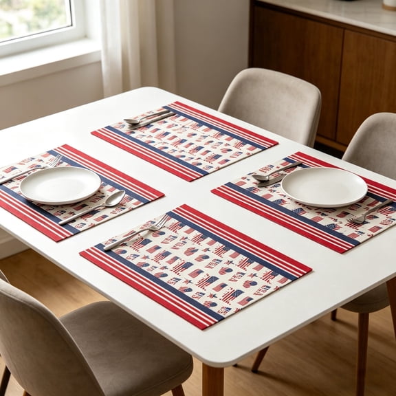 JJV 4 Pcs 4th of July Placemats, Heat Resistant PVC, Red White and Blue Patriotic Flag Star Spangled Pattern, Washable, for Dining Table BBQ Party, Independence Day Table Dining Decorations