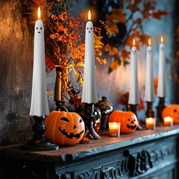 JJV 4 Pcs Halloween Ghost Flameless Taper Candles with Remote and Timer, White LED Flickering Candle Faux Wax Spooky Ghost Face LED Candles Set, 10.6 x 1.3 Inch Each, Halloween Party Decorations