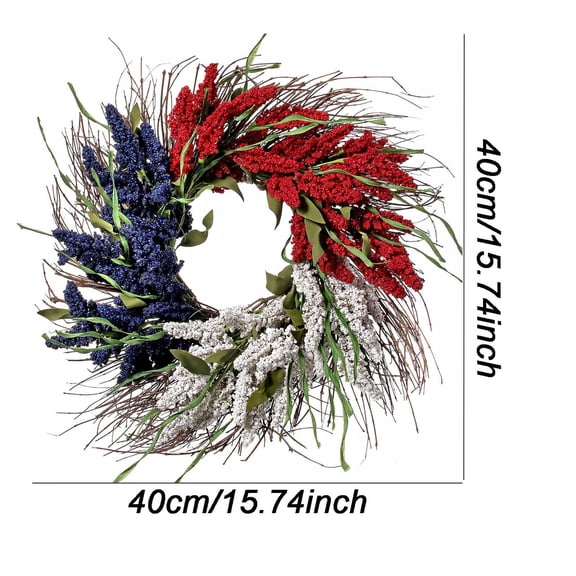 JJV 4th of July Decoration Wreath for Front Door, Red White and Blue Artificial Wheat Ears Wreath for Independence Day, 15.8 in, Patriotic Hanging Ornament for Memorial Day Decoration