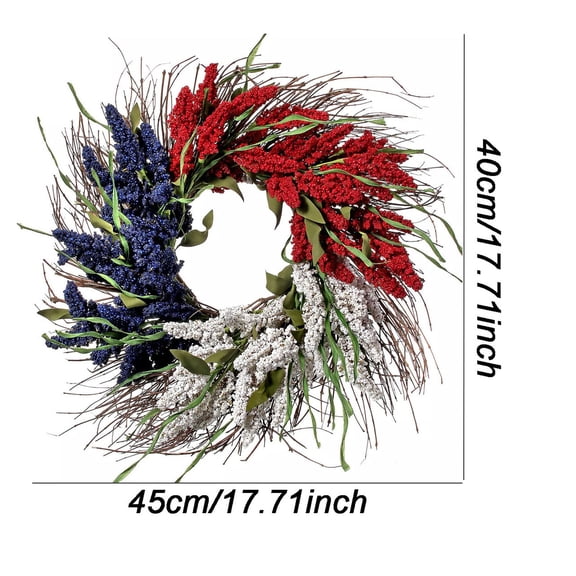 JJV 4th of July Decoration Wreath for Front Door, Red White and Blue Artificial Wheat Ears Wreath for Independence Day, 17.7 in, Patriotic Hanging Ornament for Memorial Day Decoration