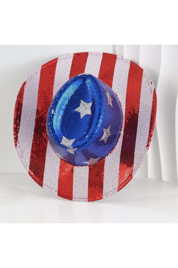 4th of July Sequin Cowboy Hat Red White and Blue Star and Striped Pattern Unisex Western Cap for Independence Day Rodeo Concert Party Fits 22 to 23 Inch Head Circumference