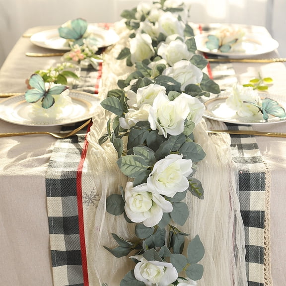 JJV Artificial White Rose Garland, Lifelike Rose Vine Fake Flower Greenery Spring Garland for Wedding Mantle Table Centerpiece Spring Decor 86.6 Inch Length