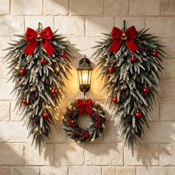 JJV Christmas Teardrop Swag Decoration, 31.5 Inch Artificial Pine Branch Wreath Bells Pinecones Hanging Decor for Indoor Door Wall Mantel