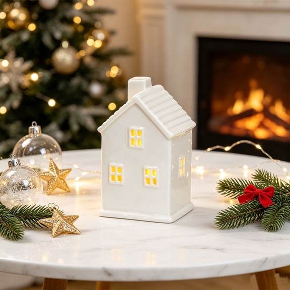 JJV Christmas Village House Decoration, Light Up Ceramic Christmas House Ornament with Warm Light, Rustic Farmhouse Home Decor for Mantel Tabletop