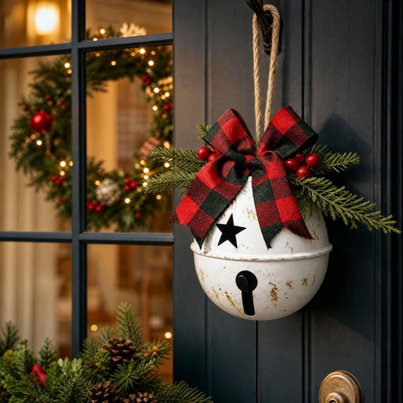 JJV Giant Christmas Vintage Bell with Bow and Berries, 6 Inch Metal Jingle Bell Large Christmas Hanging Star Cutouts Ornament for Fireplace and Tree