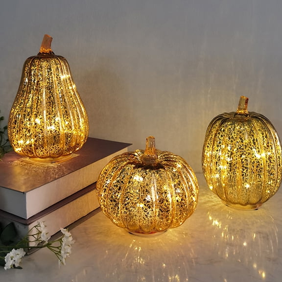 JJV Glass Pumpkin Light Fall Decorations for Home, Light Up Glass Pumpkin Thanksgiving Indoor Outdoor Table Decor Decorative Night Lamp Battery Not Included Bedroom Decor