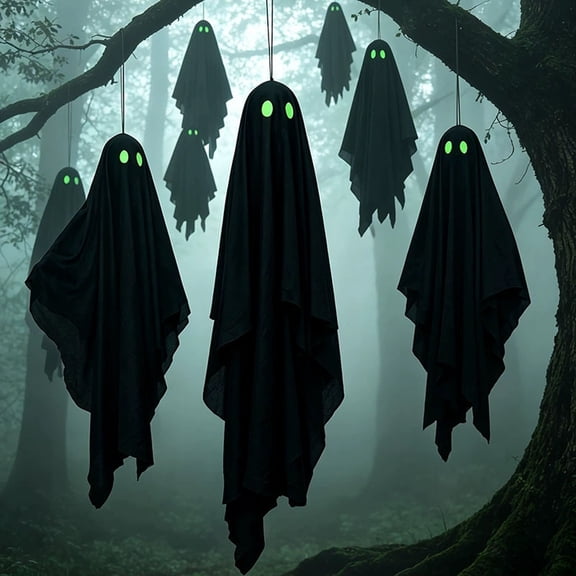 JJV Halloween Hanging Ghosts with Glow in the Dark Eyes, Black Ghost Floating Swinging for Yard Garden Porch Ghost House Scene Outdoor Indoor Decor 30in Family Gifts