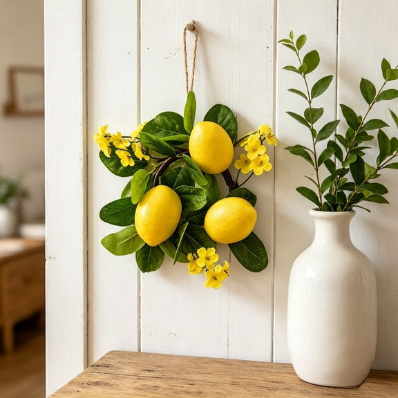 JJV Spring Artificial Lemon Wreath with Realistic Faux Lemons and Lifelike Green Leaves, Beautiful Foliage Door Hanging for Indoor Table and Garden Decor
