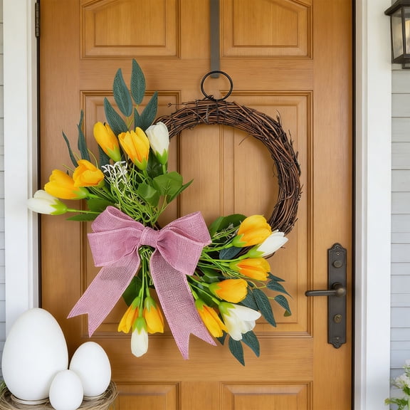 JJV Spring Artificial Tulip Wreath for Front Door, Half Moon Tulip Spring Wreath with Green Leaves and Burlap Bow, Spring Door Wreath for Wedding Housewarming Gift Rustic Farmhouse Porch Decor