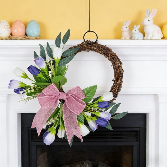 JJV Spring Artificial Tulip Wreath for Front Door, Half Moon Tulip Spring Wreath with Green Leaves and Burlap Bow, Spring Door Wreath for Wedding Housewarming Gift Rustic Farmhouse Porch Decor