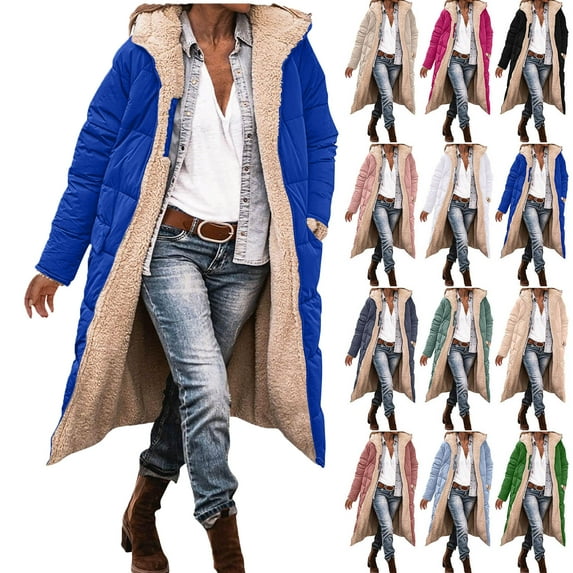 Jackets for Women Up to 35% off!Ndbuld Women's Winter Jacket Coat Fleece Lined Long Fluffy Coat Hooded Long Winter with Pockets Warm Parka Coat,Blue,L