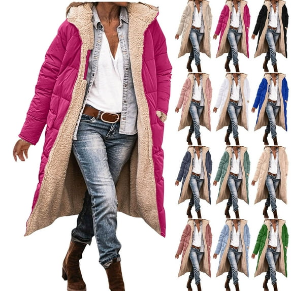 Jackets for Women Up to 35% off!Ndbuld Women's Winter Jacket Coat Fleece Lined Long Fluffy Coat Hooded Long Winter with Pockets Warm Parka Coat,Hot Pink,3XL