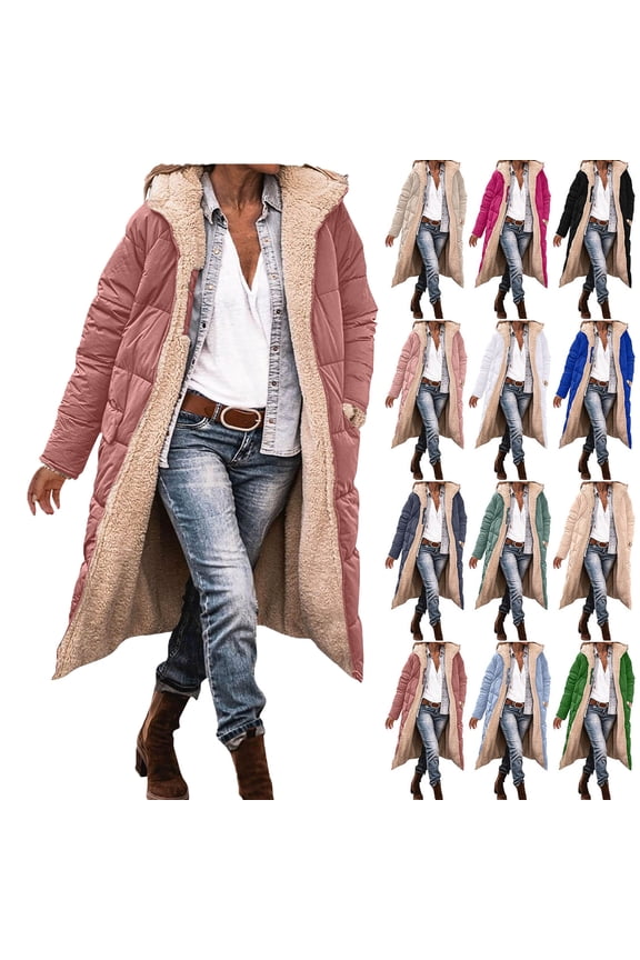 Jackets for Women Ndbuld Women's Winter Jacket Coat Fleece Lined Long Fluffy Coat Hooded Long Winter with Pockets Warm Parka Coat,Pink,2XL