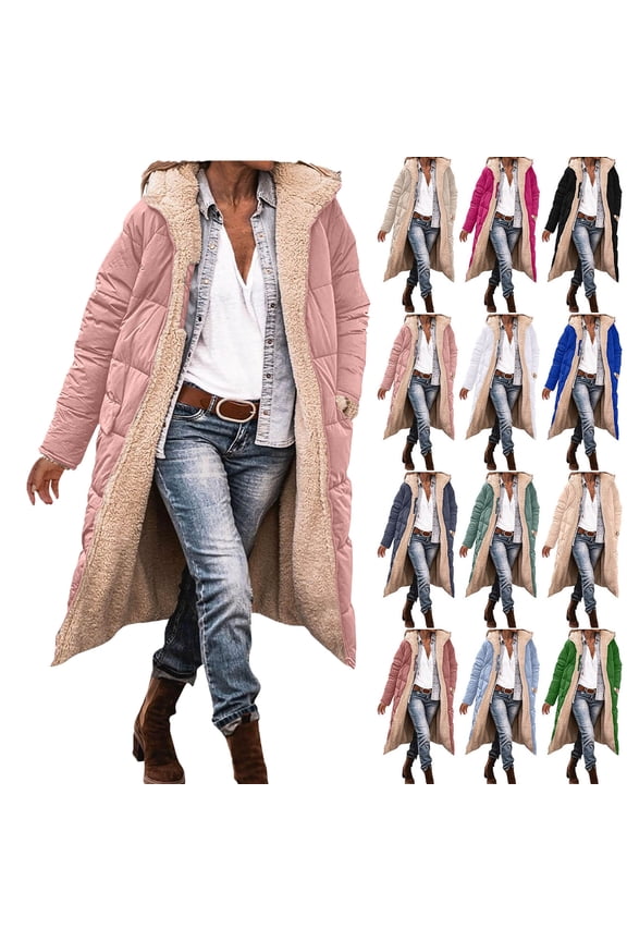 Jackets for Women Ndbuld Women's Winter Jacket Coat Fleece Lined Long Fluffy Coat Hooded Long Winter with Pockets Warm Parka Coat on Clearnce,S-3XL,White