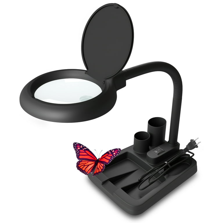 JJollyCaper, Magnifier with Light and Stand for Close Works - Sturdy Base,  40 Bright LED Light, 5X & 10x Magnifier, High Clarity, Adjustable Desk Lamp  for Repair, Reading, Crafts, Black 