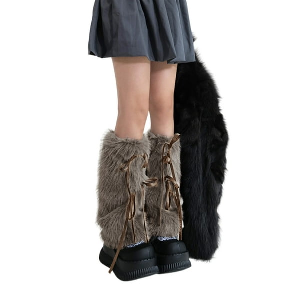 JK Girls Boot Cuffs Leg Warmers Women Winter Warm Harajuku Sweet Ribbon Bowknot Furry Plush White Boot Cover Long Socks