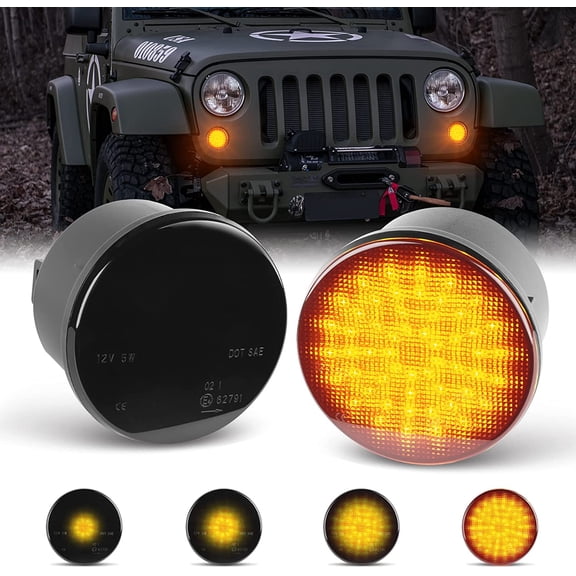 JK LED Sequential Dynamic Turn Signal Light LED Indicator Blinkers Compatible with Jeep Wrangler JK 2007-2018 Amber Parking Lights (Smoked Len)
