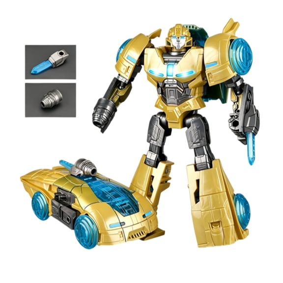JK09 Bumblebee Origin Transforming Robot Action Figure Convertible Robot to Sports Car Gold Blue Hobby Collectible with Weapon Accessories