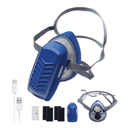 JKKL, Mini Powered Dust Half Face Respirator. Micro-fan provides active windblow, for easier breath and better ventilation, up to 8-hour use. H13 HEPA filter x1 included. PMPR 3SH Blue