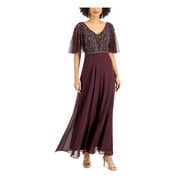 JKARA Womens Burgundy Beaded Sequined Sheer Lined Flutter Sleeve V Neck Full-Length Evening Gown Dress 6