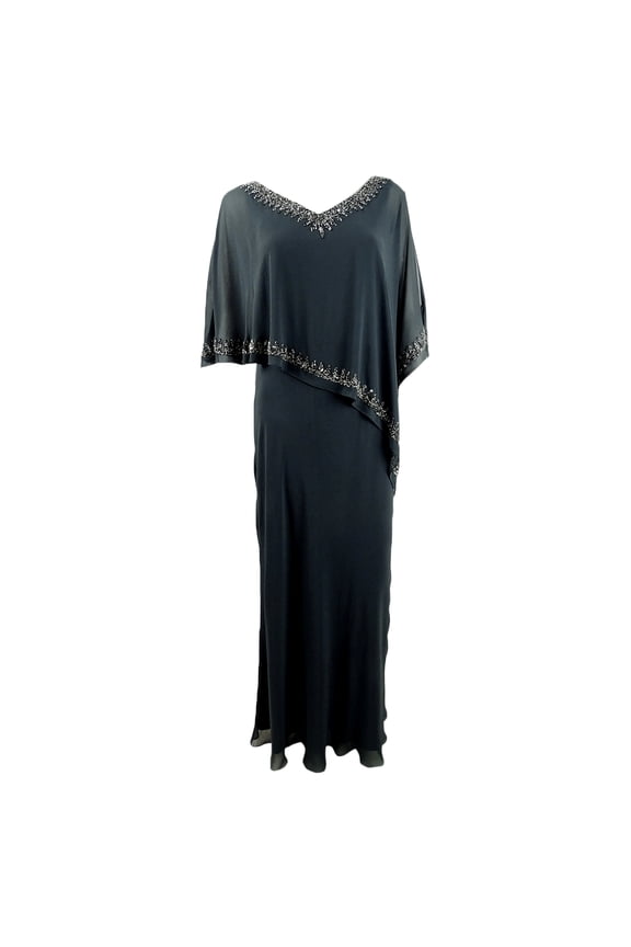 JKARA Womens Gray Beaded Attached Asymmetrical Cape V Neck Maxi Evening Shift Dress 8