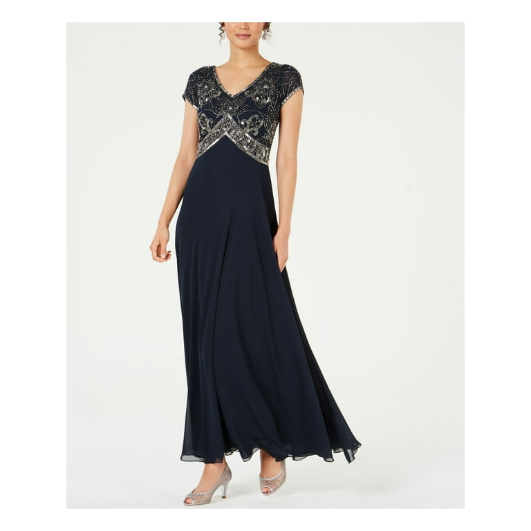 JKARA Womens Formal Navy Beaded Cap Sleeve V Neck Maxi Sheath Dress Size 6 for Evening Party Wedding and Cocktail Walmart