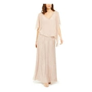 JKARA Womens Pink Beaded Attached Asymmetrical  Cape 3/4 Sleeve V Neck Full-Length Evening Fit + Flare Dress 12