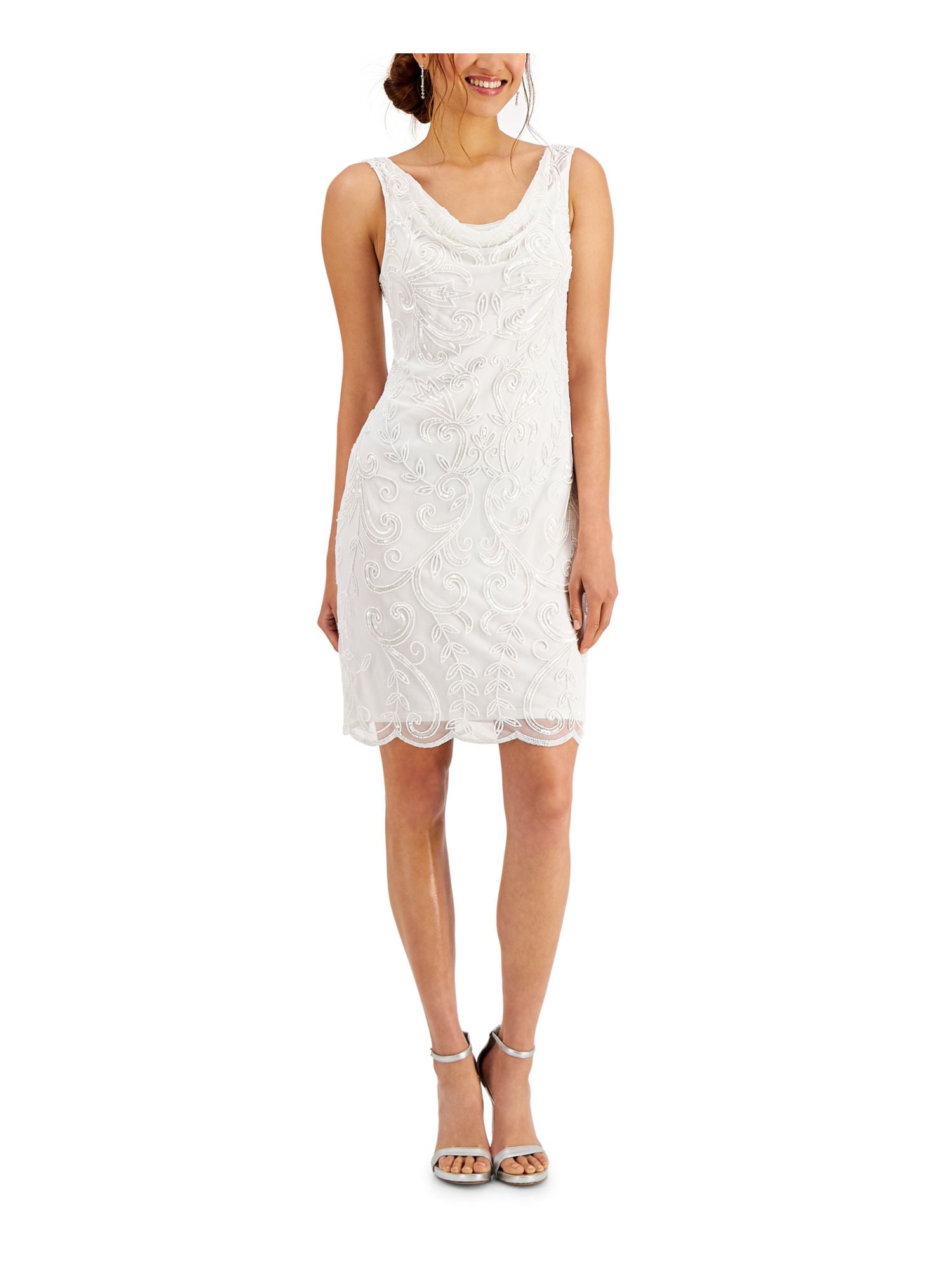 JKARA Womens White Beaded Sheer Pull Over Scalloped Hem Lined