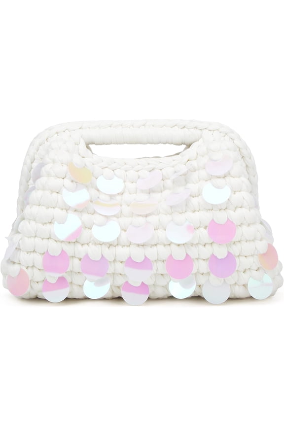 Crochet Sequin Handwoven Crossbody Bag Women Cloud Boho Summer Beach Purse Travel Shoulder Bags Evening Clutch Purses,White,outdoor