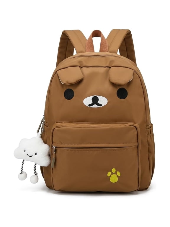 Cute Bear Backpack for Women Nylon Cartoon Daily Bag Lightweight Travel Daypack with Soft Cloud Pendant ,,Brown