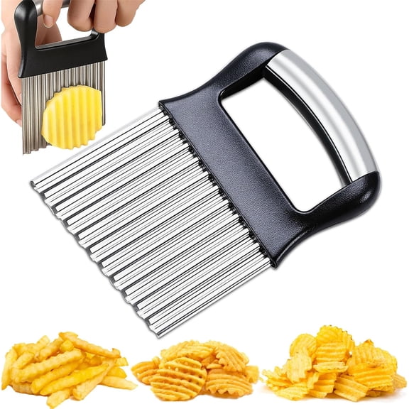 JKCCZLL FANTEXY Crinkle Cutter for Veggies, Stainless Steel French Fry Cutter for Potatoes, Cucumbers, Carrots - Wavy Chopper, Waffle Fry Maker,Silvery