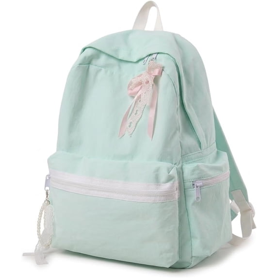 JKCCZLL Fabric Backpack Large Capacity Daily Bag with Faux Pearl Lace Bow Mint Green Pink Aesthetic Bookbag,Green