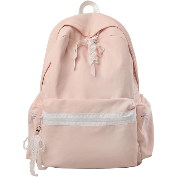 JKCCZLL Fabric Backpack Large Capacity Daily Bag with Faux Pearl Lace Bow Mint Green Pink Aesthetic Bookbag,Pink