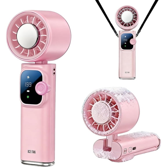 JKCCZLL Handheld Fan Ice Cooling, Portable Turbo Fan with Ice-Cooler,, Rechargeable Foldable Hangable, 20000 RPM 4000mAh Battery, Small Personal Pocket Fan for Outdoor Travel with Metal Hanger,Pink