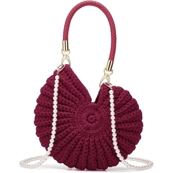 JKCCZLL Handwoven Seashell Hobo Bags Women Crochet Summer Beach Bag Boho Knitted Evening Clutch Purses Hobo Crossbody Shoulder Bag,Wine Red,1