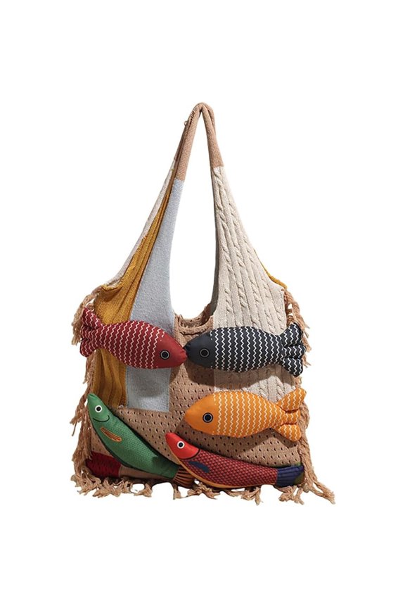Knitted Beach Shoulder Bag for Women 3D Fish Bohemian Tote Versatile Purse Soft Hobo Handbag for Summer Vacation 2026,A Khaki,outdoor